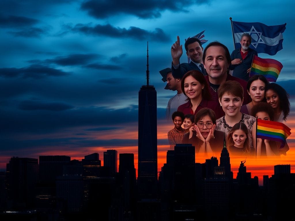Flick International Dramatic urban skyline of New York City at dusk featuring One World Trade Center.