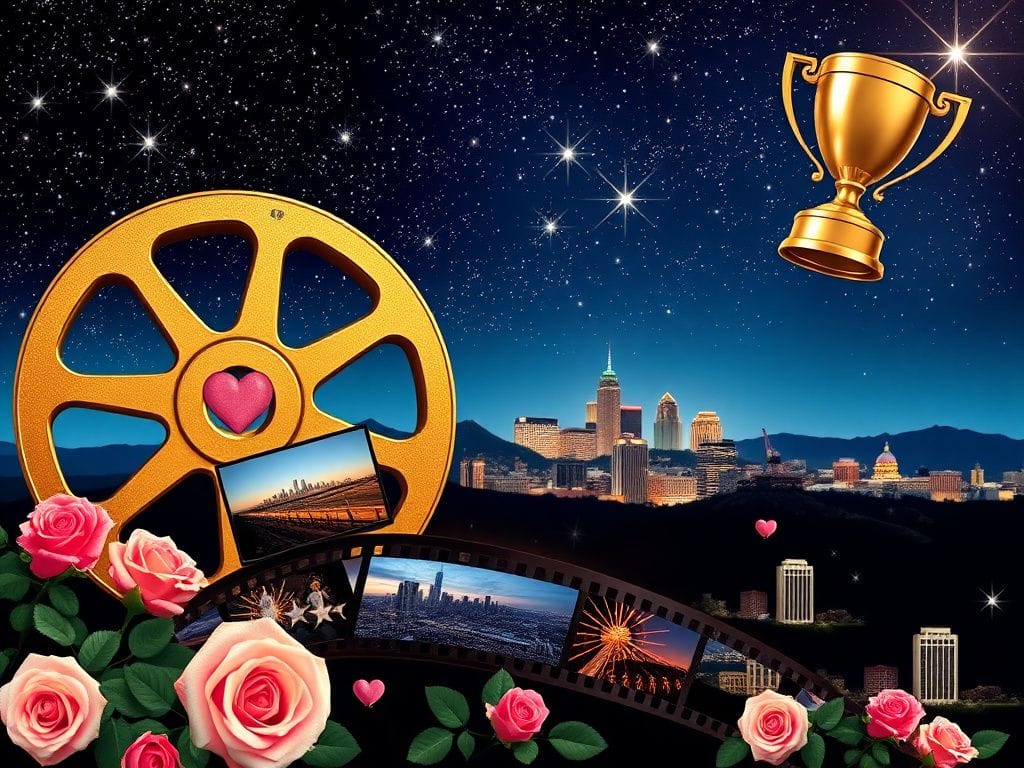 Flick International A visually striking collage of Hollywood imagery with a film reel and Nashville skyline