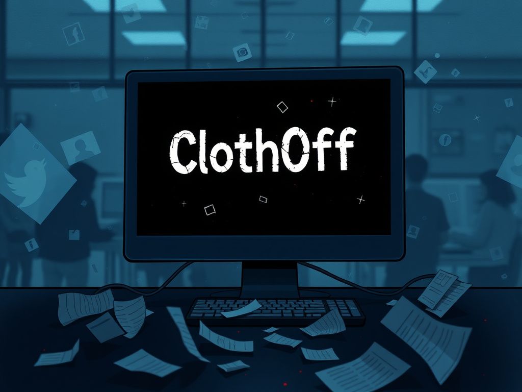 Flick International Dark computer screen displaying distorted typography of 'ClothOff' with faint social media icons in the background