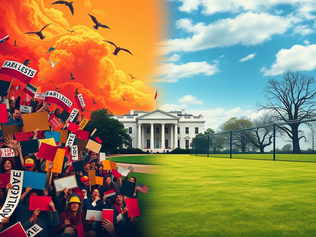 Flick International Split scene illustrating the duality of political ideology in America, featuring chaotic far-left symbols on the left and a calm conservative landscape on the right.