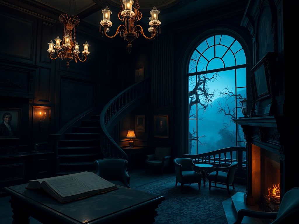 Flick International Dimly lit hotel lobby filled with vintage decor and an antique chandelier