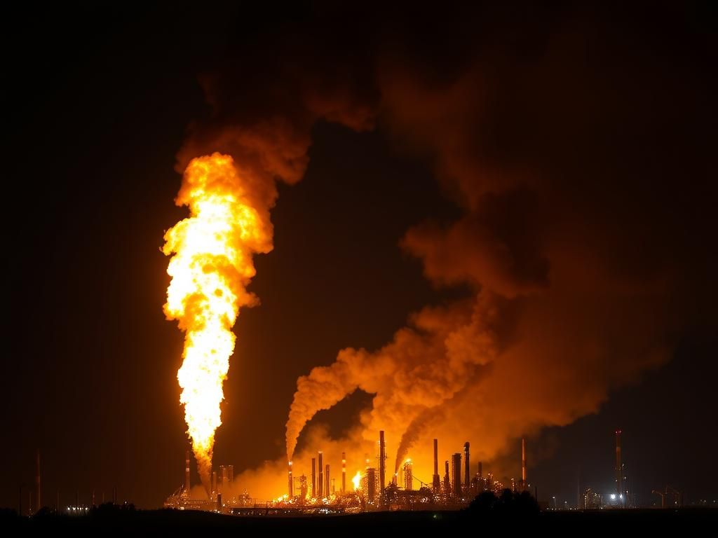 Flick International Massive flames erupting from the Chevron refinery in El Segundo, California, visible against the night sky
