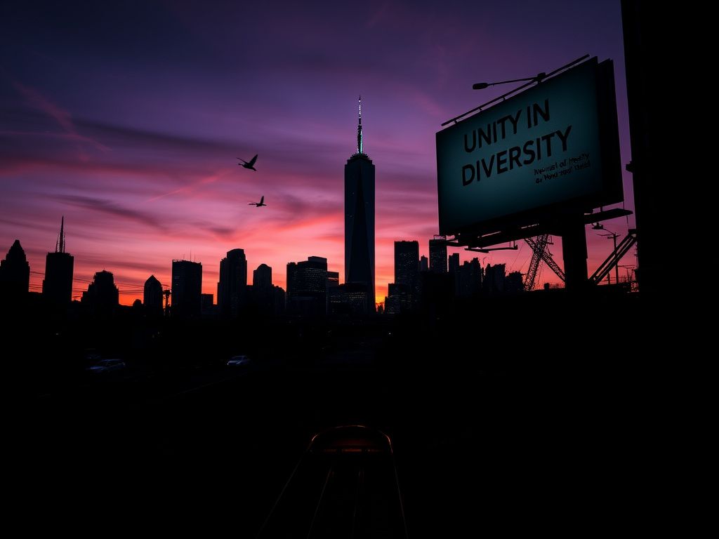 Flick International Aerial view of New York City skyline at twilight with One World Trade Center prominently featured