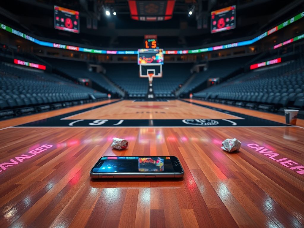Flick International Basketball court scene with smartphone reflecting arena lights during NBA game interruption
