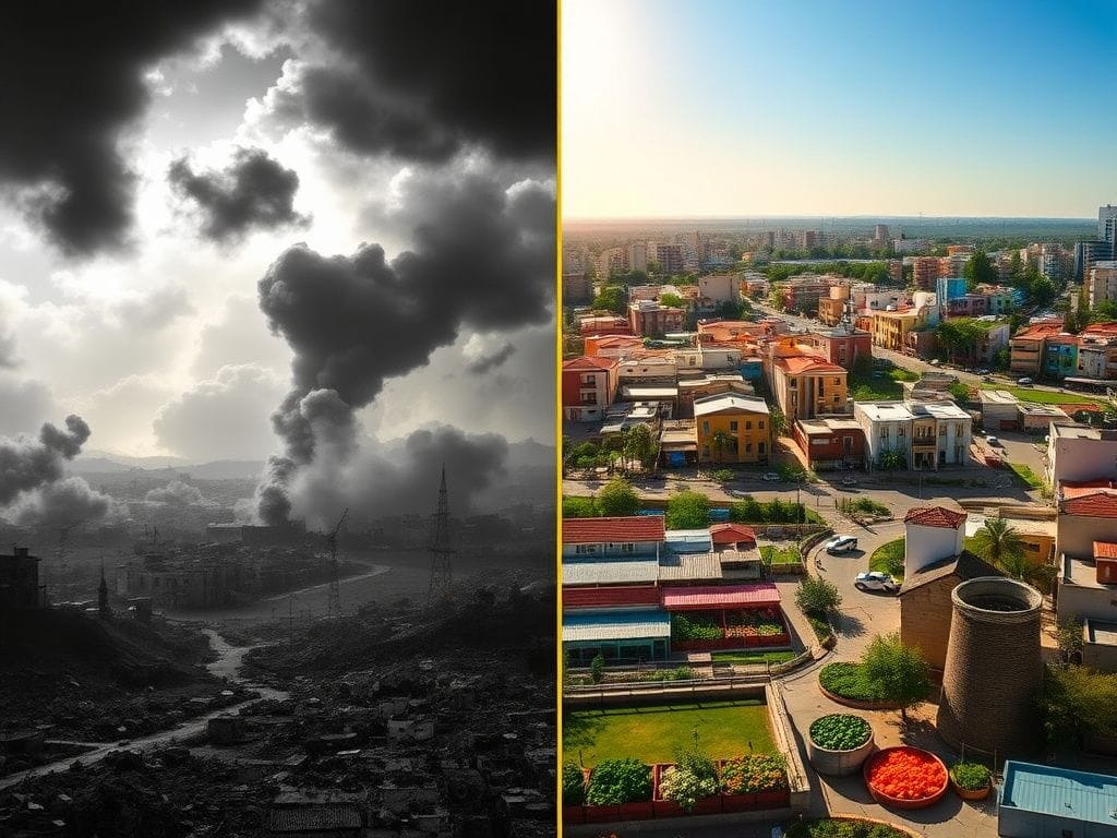 Flick International A split landscape showing contrasting Gazas, one devastated under Hamas control, the other vibrant under Israeli governance.