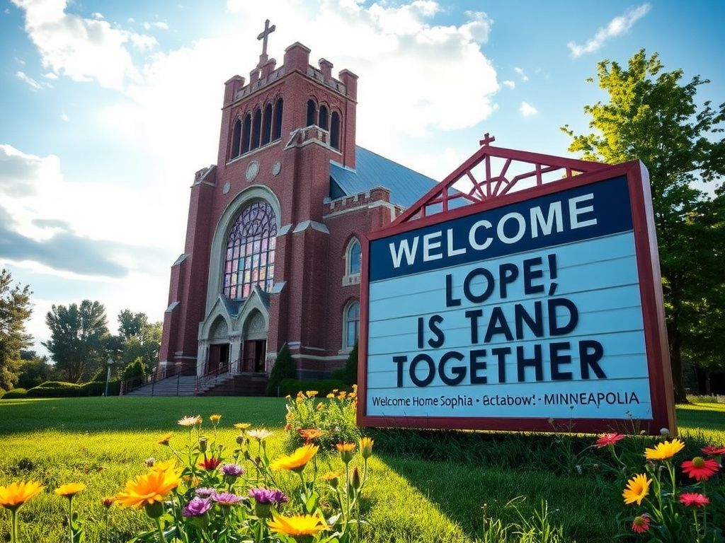 Flick International Serene Minneapolis church scene with colorful stained glass windows and welcoming messages of hope