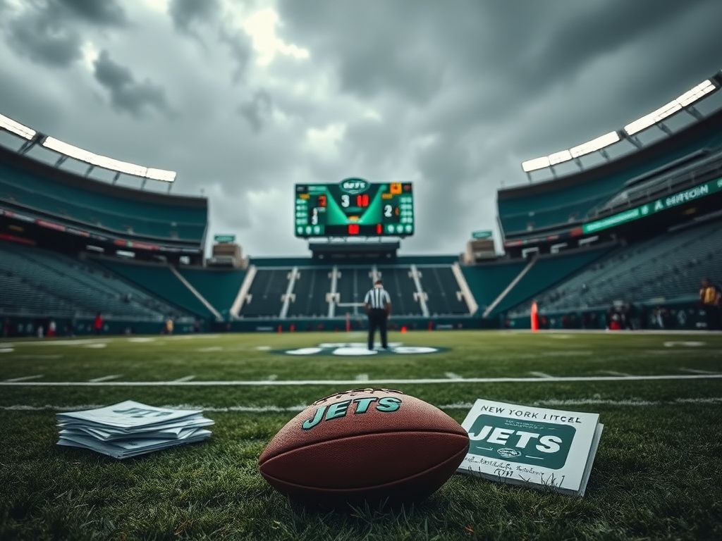 Flick International New York Jets football stadium on game day with a football on the field