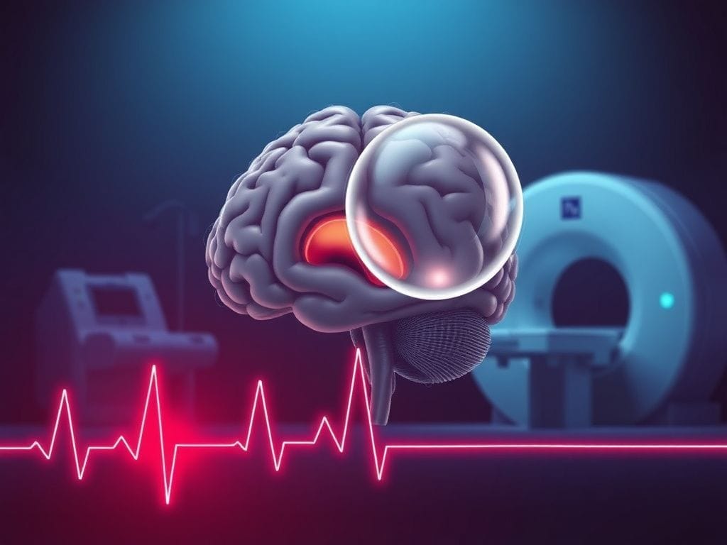 Flick International Detailed anatomical illustration of a brain displaying a brain aneurysm, symbolizing medical concerns