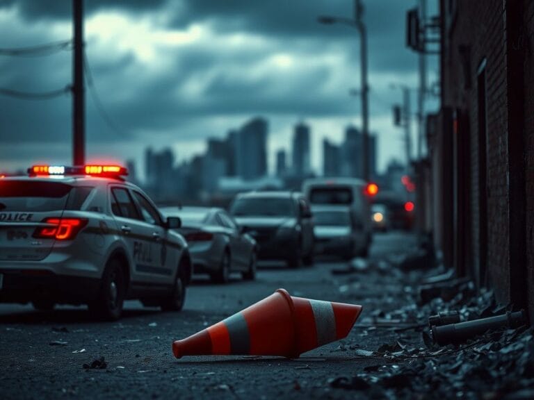 Flick International Dimly lit urban alleyway after a chaotic incident, showcasing a damaged police vehicle and debris.