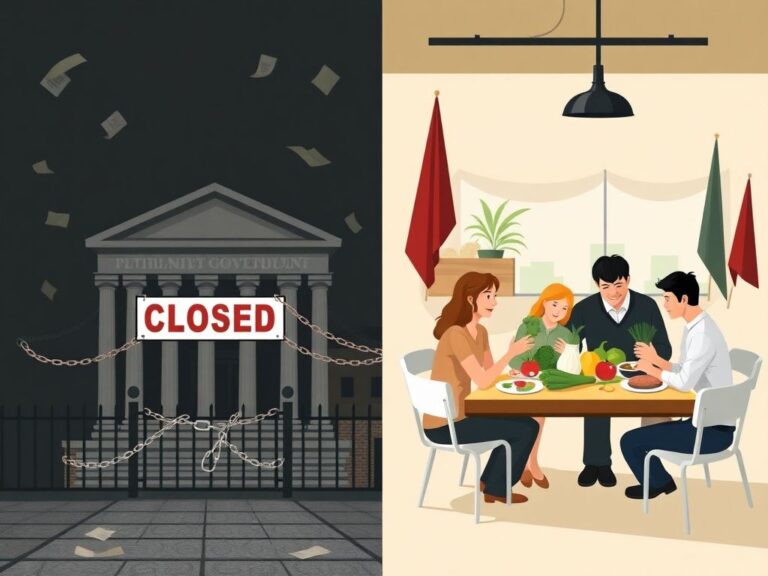 Flick International A split image showing a closed government building on one side and a happy family enjoying a meal on the other, symbolizing the contrast between government shutdown and community well-being.