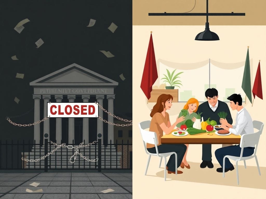 Flick International A split image showing a closed government building on one side and a happy family enjoying a meal on the other, symbolizing the contrast between government shutdown and community well-being.