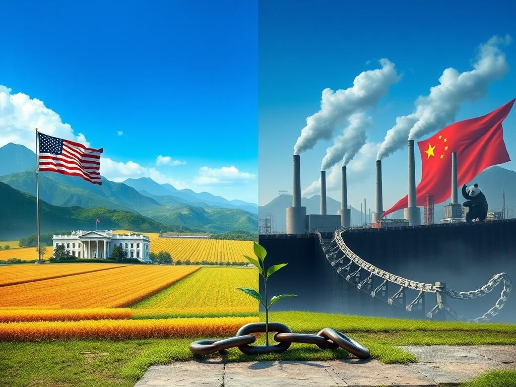 Flick International Split scene depicting contrasting landscapes of the United States and China, with American symbols on one side and the Great Wall intertwined with factories on the other.