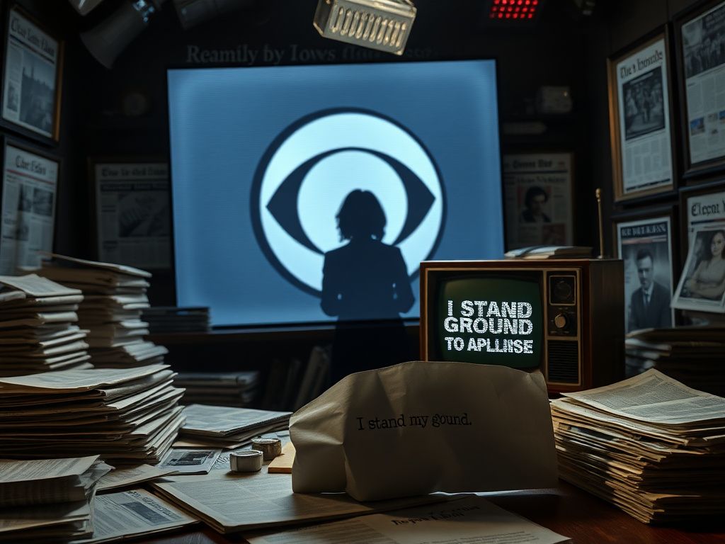 Flick International Darkly lit newsroom with vintage CBS logo and crumpled paper symbolizing journalistic integrity