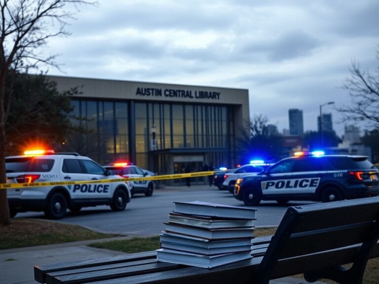 Flick International Police response at Austin Central Library with flashing lights and yellow tape