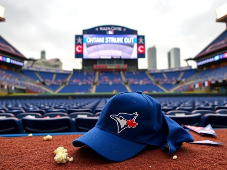 Flick International Blue Jays stadium scene with empty seats and a scoreboard displaying 'Ohtani Struck Out'