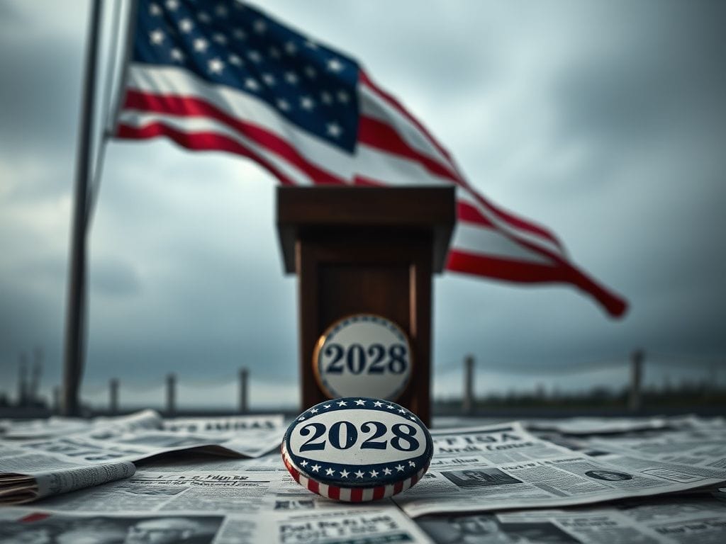 Flick International Empty podium against an American flag backdrop, symbolizing the political landscape in America.