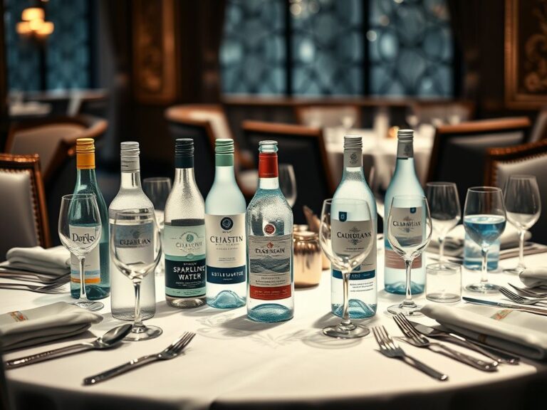 Flick International A luxurious dining table elegantly set with an array of premium bottled waters from around the world.