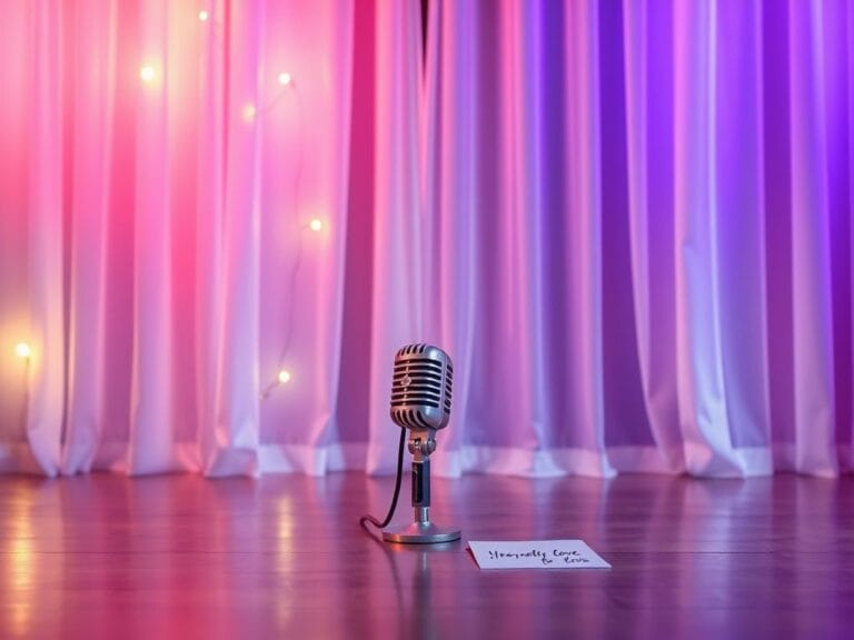 Flick International Vintage microphone on an empty stage with glowing lights and a colorful backdrop