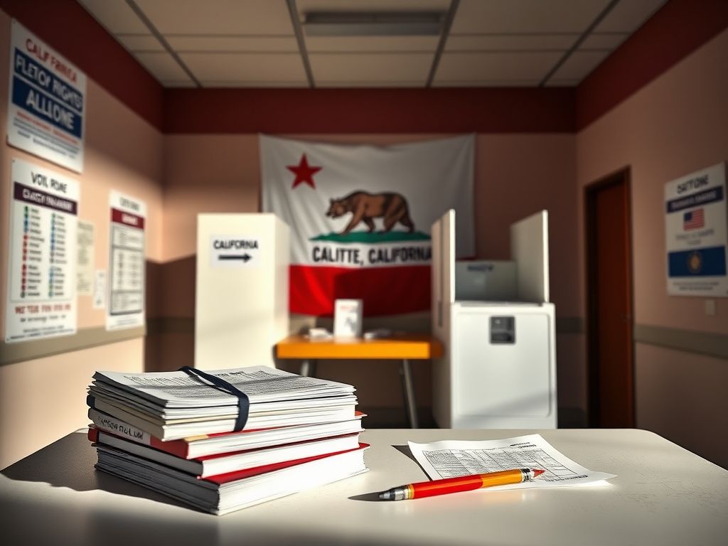Flick International An empty California voting booth with state flag and election materials