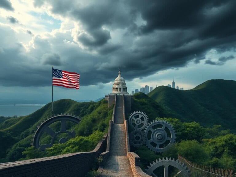 Flick International Panoramic view of a geopolitical landscape between the United States and China, featuring symbolic representations of conflict and hope.