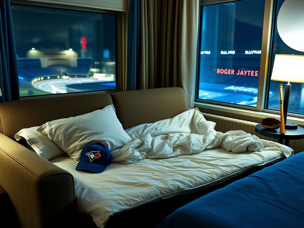 Flick International Cozy hotel room with pull-out couch used by Addison Barger before Game 1 of the World Series
