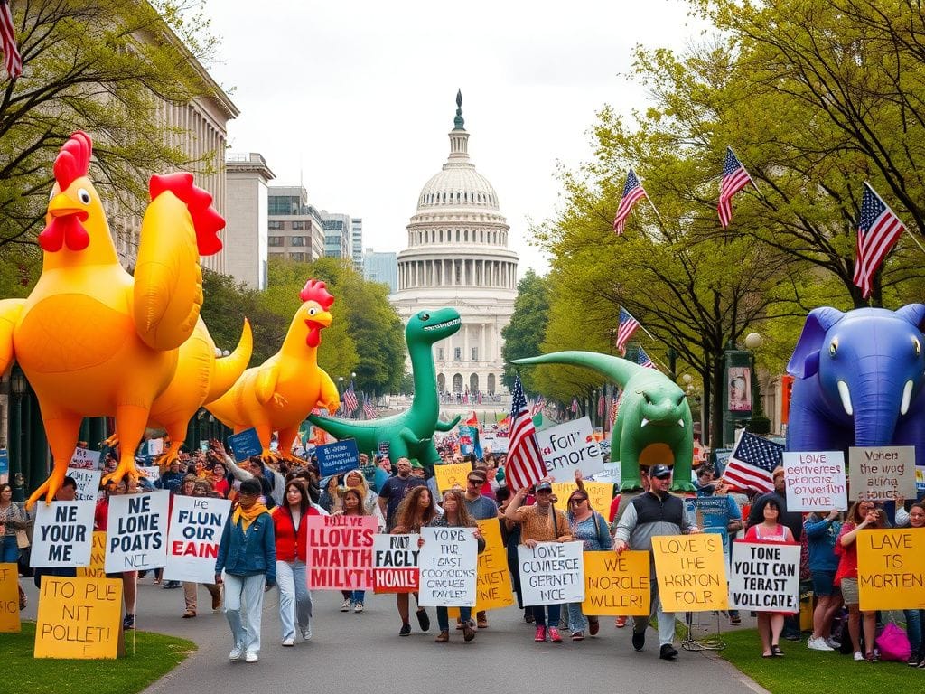 Flick International Vibrant inflatable chickens and T. rex among protest signs in Washington, D.C.