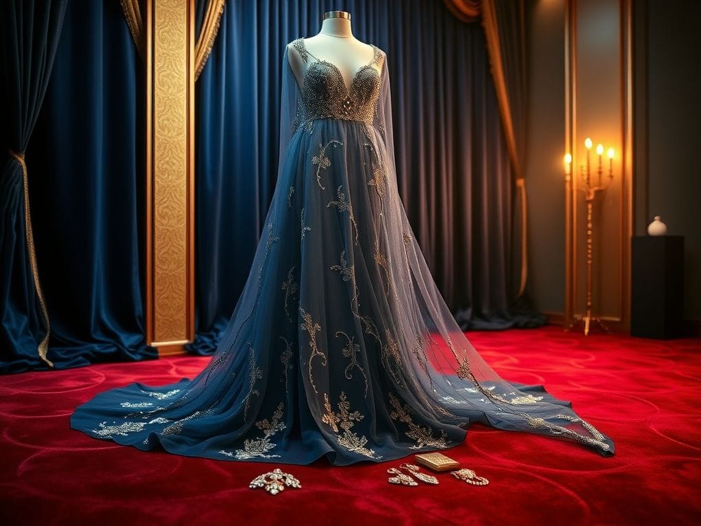 Flick International Close-up of a sheer gown displayed elegantly on a mannequin at a luxurious red carpet event