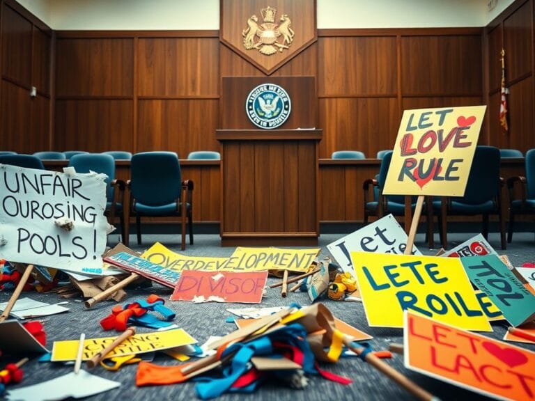Flick International Scene of martial arts theatrics during a township meeting with protest signs and an empty hall