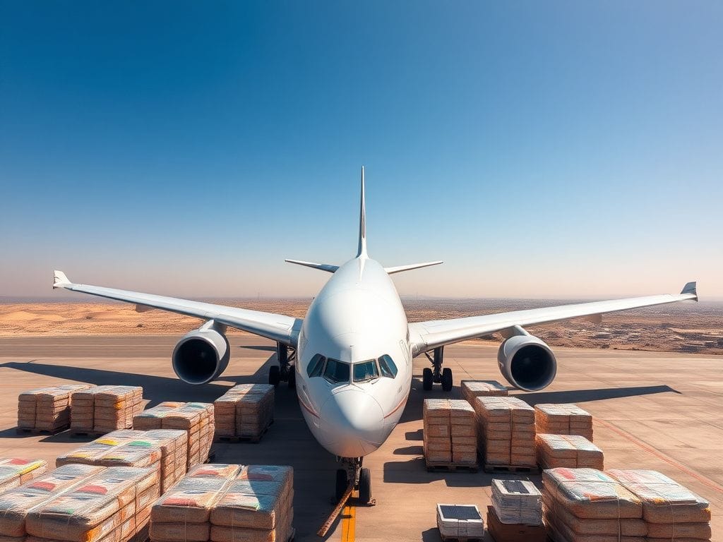 Flick International A large white Boeing 767 cargo airplane on a tarmac surrounded by colorful humanitarian aid packages.