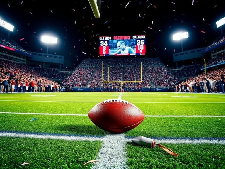 Flick International Nighttime college football game with Ole Miss celebrating a 34-26 victory over Oklahoma