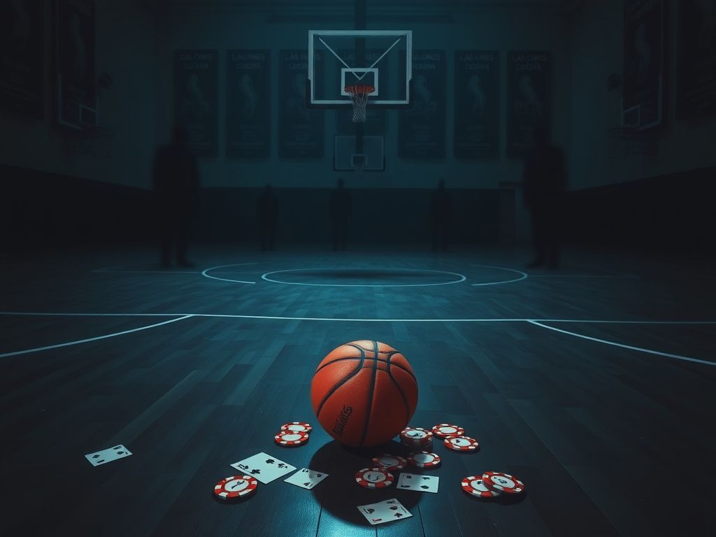 Flick International A dimly lit basketball court with a lonely basketball surrounded by scattered playing cards and poker chips