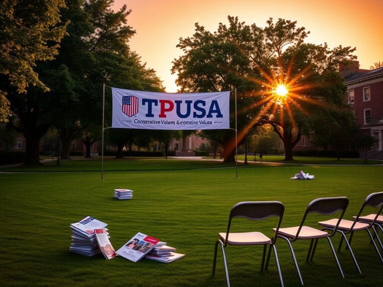 Flick International Vibrant university campus at sunset featuring a TPUSA banner and conservative flyers.