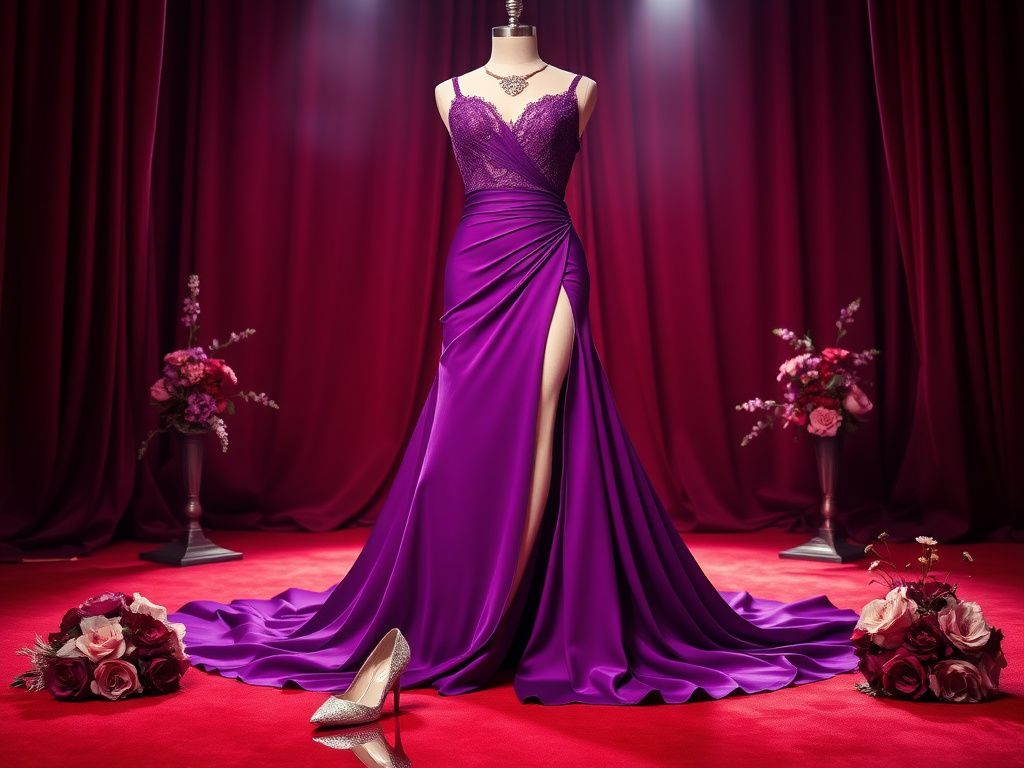 Flick International Elegant purple gown with thigh-high slit displayed on a mannequin at an award show