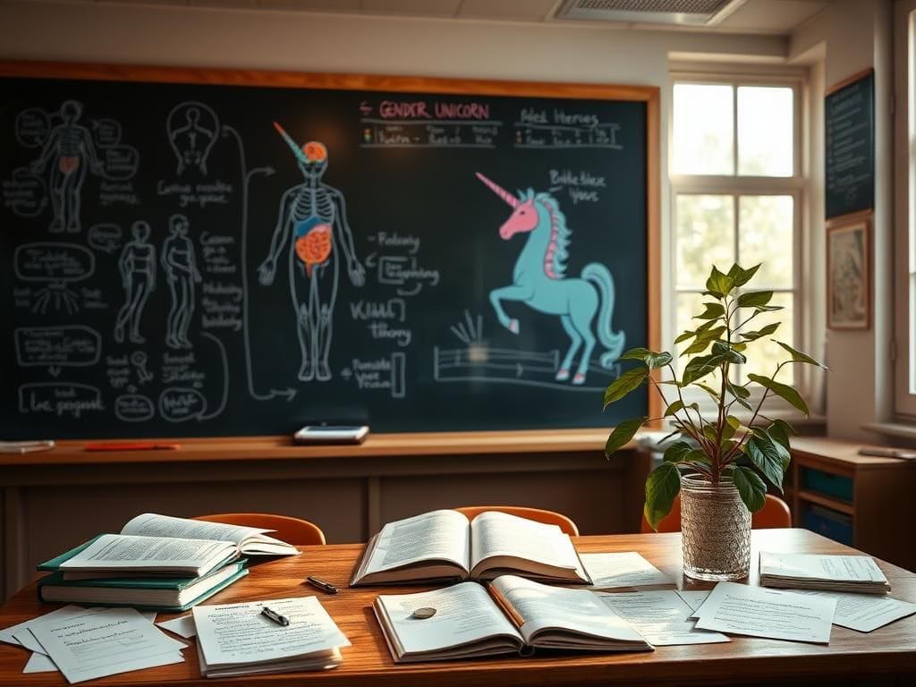 Flick International Classroom setting with diagrams of human anatomy and gender representations