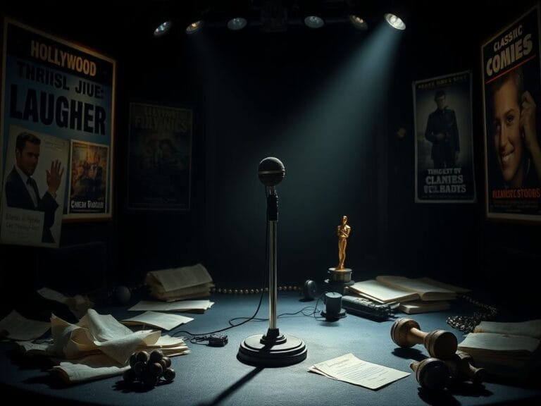 Flick International A dimly lit Hollywood stage with an empty vintage microphone and faded movie posters