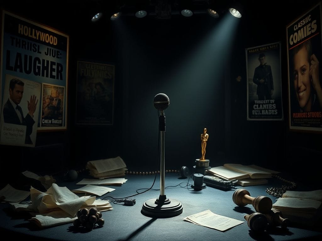 Flick International A dimly lit Hollywood stage with an empty vintage microphone and faded movie posters