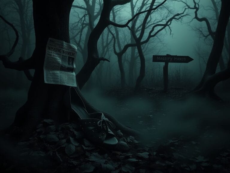 Flick International Abandoned high heels in an eerie forest symbolizing lost women and mystery