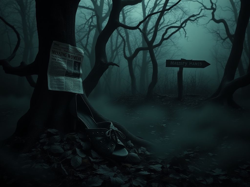 Flick International Abandoned high heels in an eerie forest symbolizing lost women and mystery