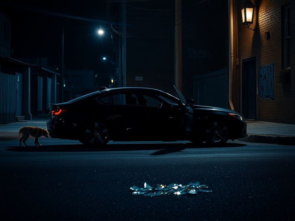 Flick International A nighttime urban scene in Atlanta showing a parked black car with its door ajar, indicating a recent confrontation.