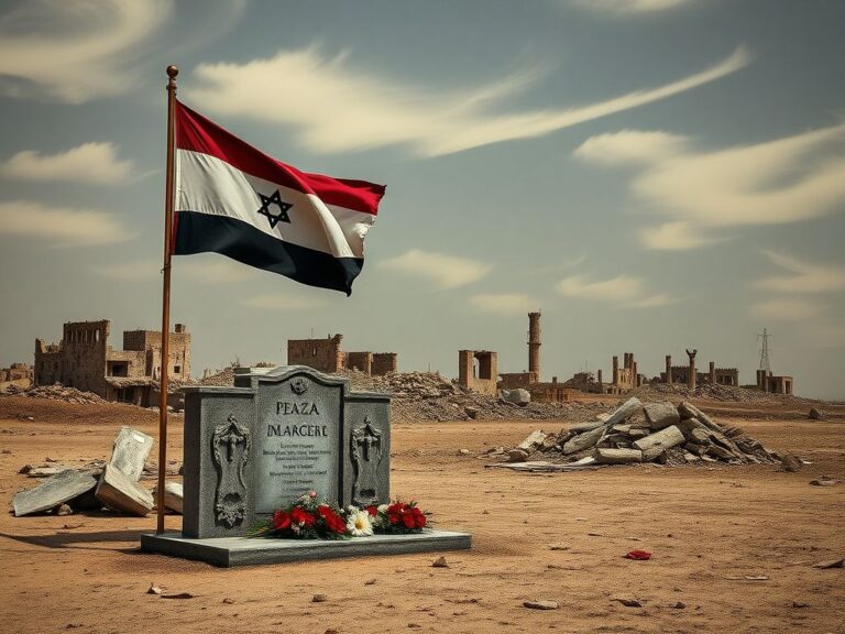 Flick International Somber landscape with memorial and flags symbolizing peace and conflict in Gaza