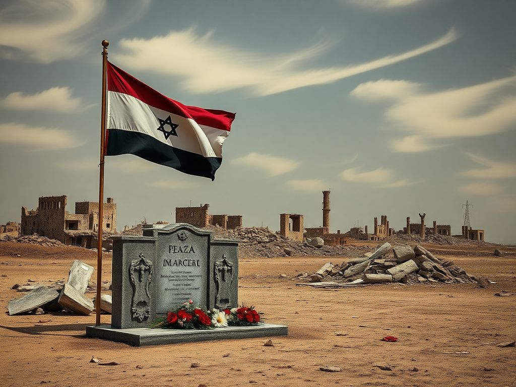 Flick International Somber landscape with memorial and flags symbolizing peace and conflict in Gaza