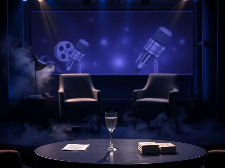 Flick International Elegant stage set featuring empty chairs and Hollywood paraphernalia