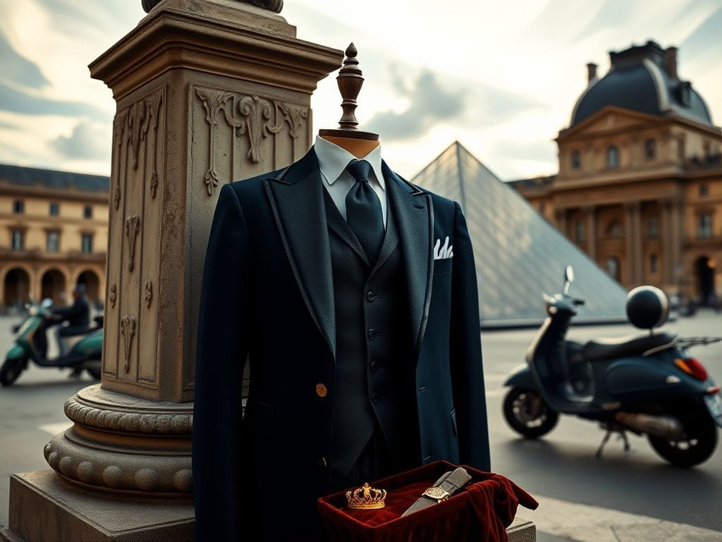 Flick International Stylish passerby in a three-piece suit captured near the Louvre during the heist investigation