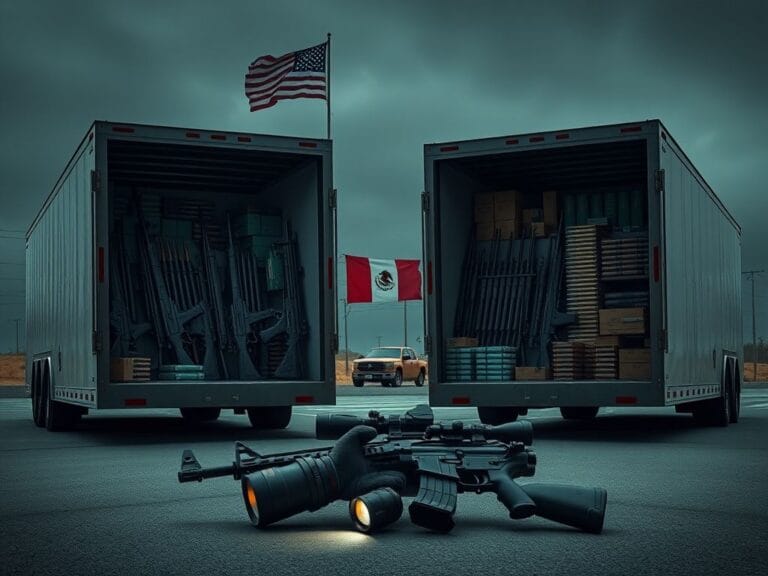 Flick International Dimly lit scene at the U.S.-Mexico border showing firearms hidden in trailer compartments