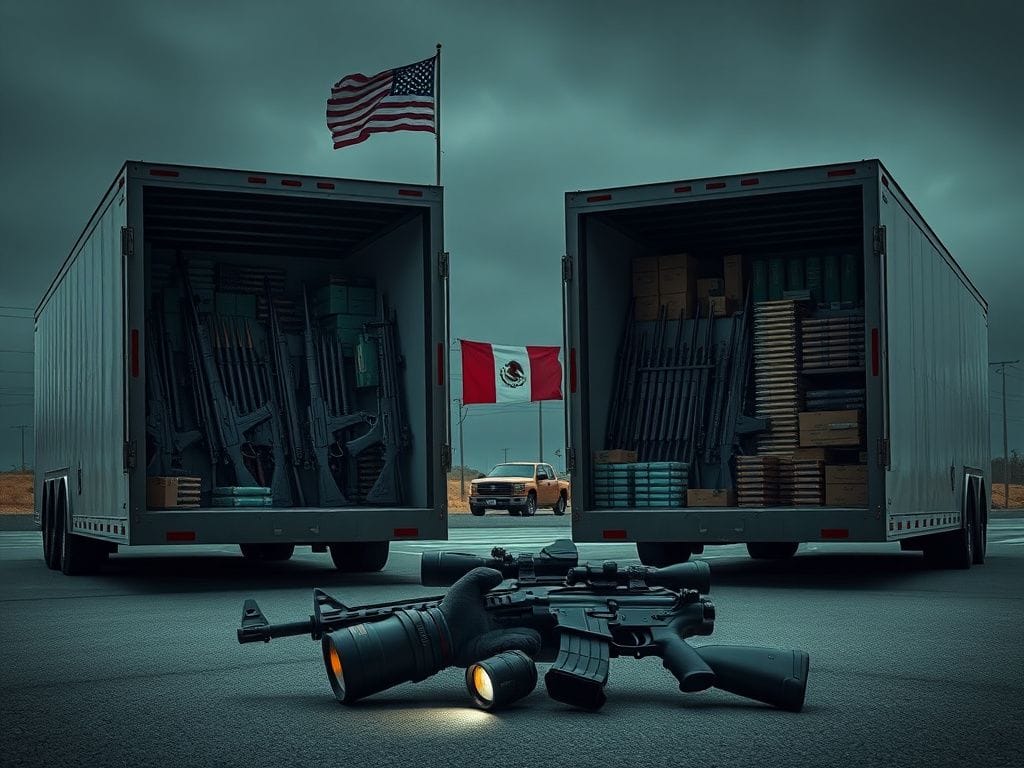 Flick International Dimly lit scene at the U.S.-Mexico border showing firearms hidden in trailer compartments