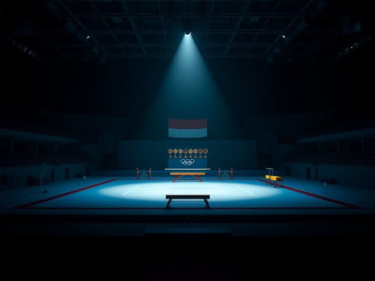 Flick International Empty gymnastics arena with a spotlight on the competition floor