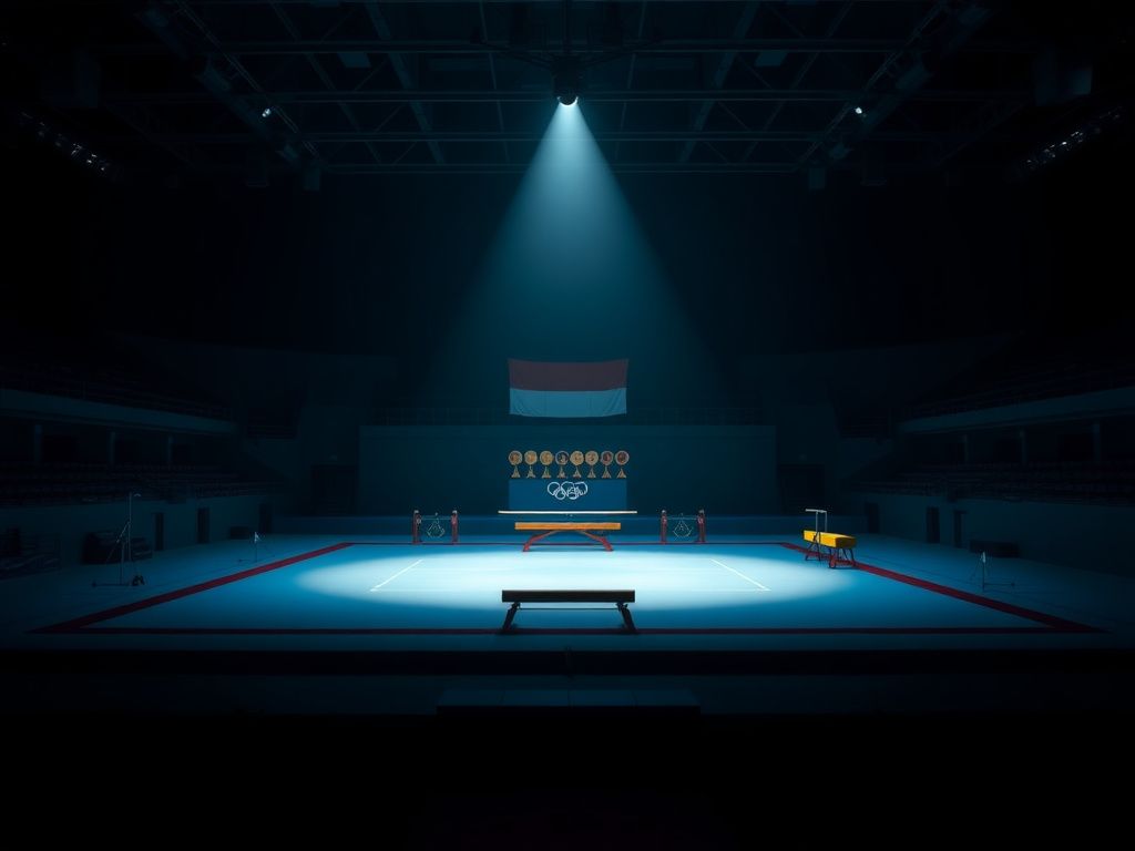 Flick International Empty gymnastics arena with a spotlight on the competition floor