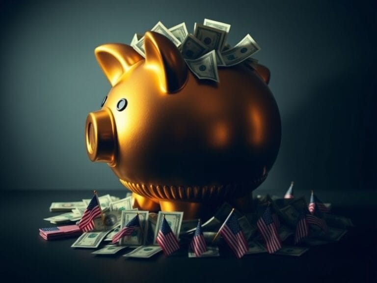 Flick International Close-up of a gilded piggy bank overflowing with U.S. dollar bills representing a donation to the Pentagon during a government shutdown