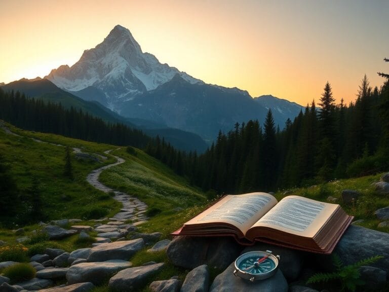 Flick International Majestic mountain landscape at sunrise with a snow-capped peak and a rugged path through a lush green valley