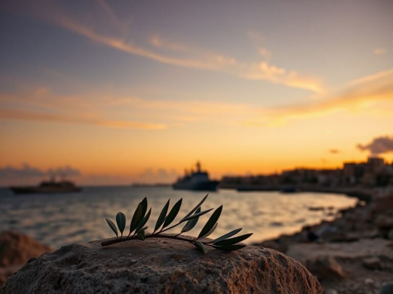 Flick International A panoramic view of the Gaza coastline at dusk with an olive branch symbolizing peace.